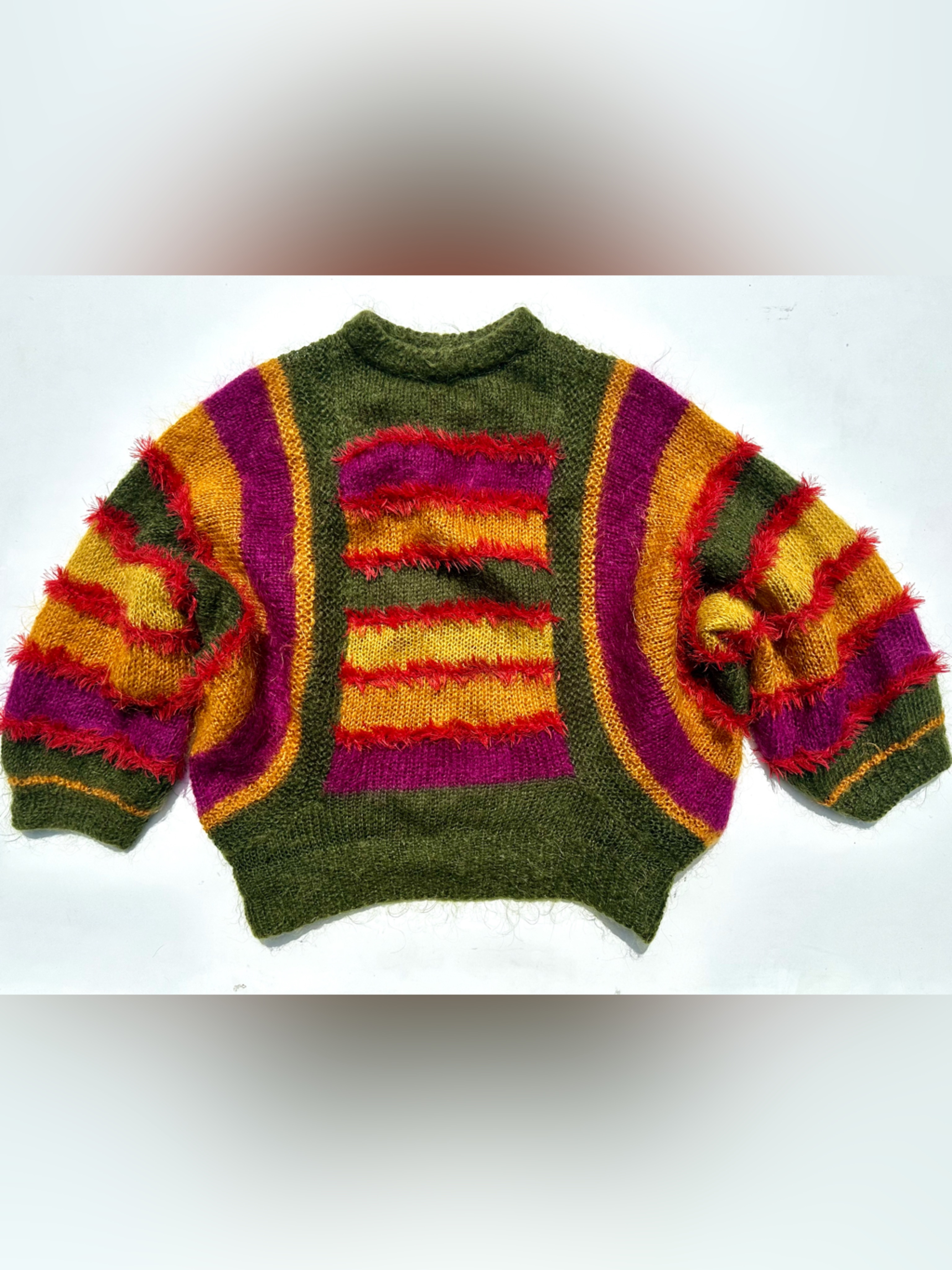Mohair Fuzzy Stripe Bat Sleeve Sweater - Olive, Gold & Magenta, Hand Knit, S - L